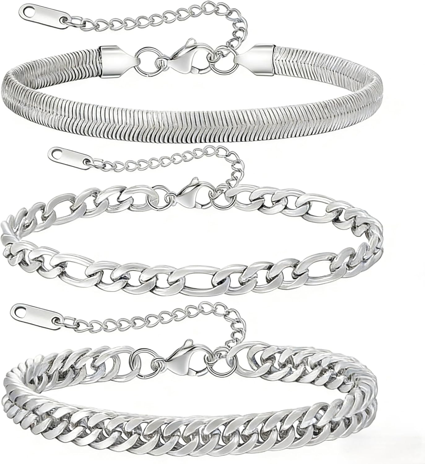 7.8+1.2 inches (20+3 cm)3pcs-silver-snake/Figaro/Cuban