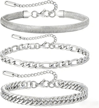 7.8+1.2 inches (20+3 cm)3pcs-silver-snake/Figaro/Cuban