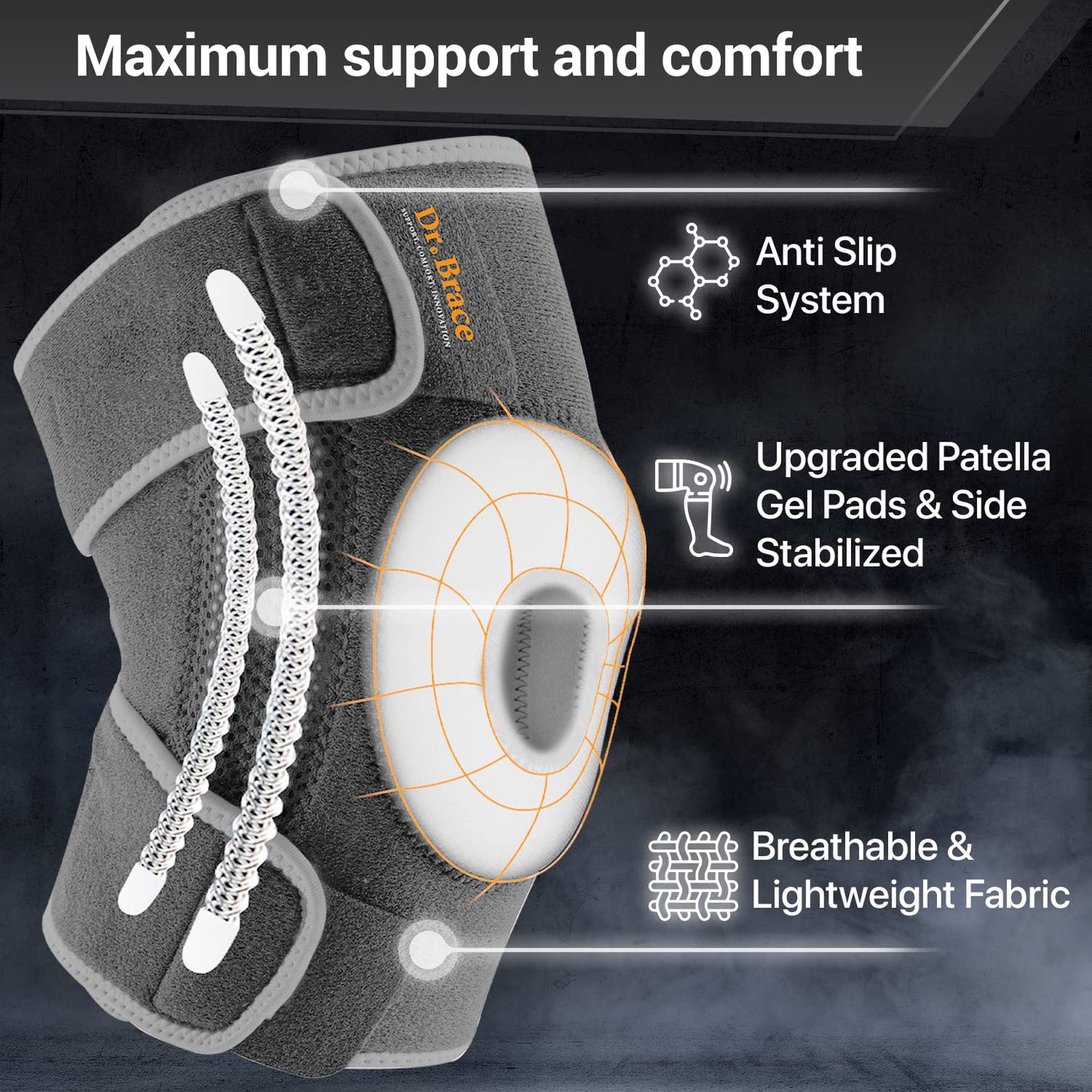 DR. BRACE ELITE Kniebandage mit Seitenstabilisatoren & Patellagelkissen für maximale Knieschmerzlinderung und schnelle Genesung für Männer und Frauen – Bitte sehen Sie sich das Video zur Größenbestimmung an (Mercury, Large)