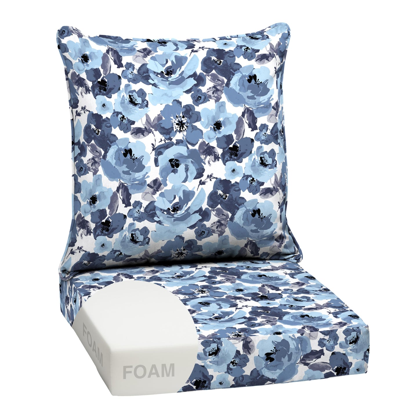 Arden Outdoor Foam Deep Seat Cushions Set, 24x24, Premium High-Density Foam, Never Flattens, Weather-Proof for Patio Chair Sofa Couch, Blue Shibori Stripe