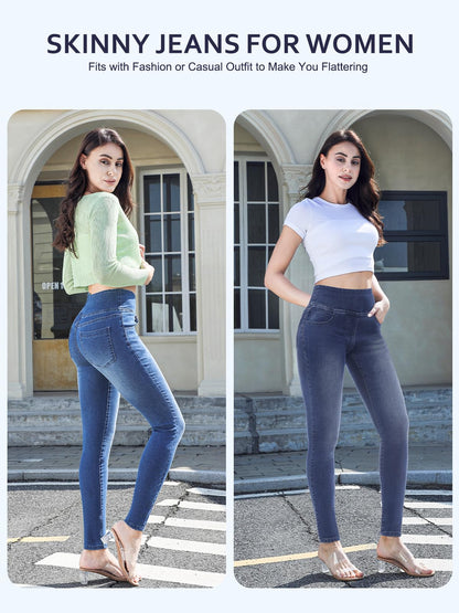 Chasehot Pull-On Skinny Jeans für Damen, dehnbare High-Waist Leggings, trendige Bauchkontrolle, Denim-Jeggings mit Taschen, Dark Wash-L