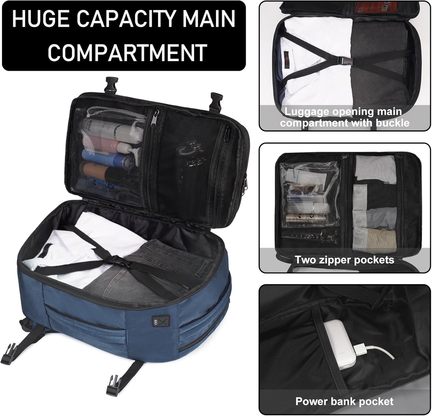 ECOHUB 16'' Reise-Rucksack Handgepäck Unterseat-Rucksack Persönlicher Gegenstand Flugzeug-Reisetasche mit 13 Taschen Handgepäck Flaschenhalter USB-Ladeanschluss Casual Daypack für Frauen Männer Schwarz