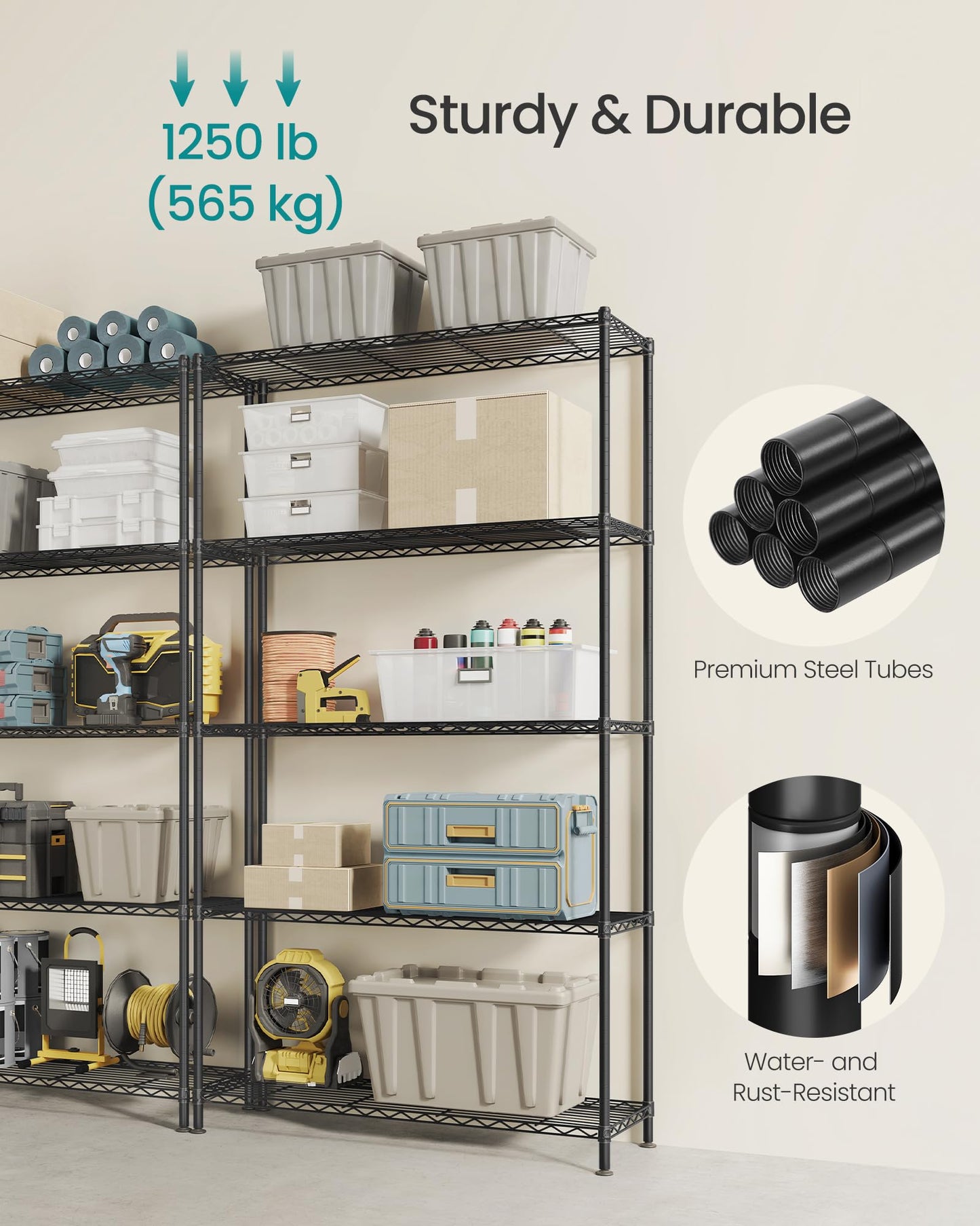 SONGMICS Storage Shelf, Small Metal Wire Shelving Unit, Adjustable Shelves, for Small Spaces, Garage, Bedroom, Living Room, Kitchen, Pantry, 5 Tier, 11.8 x 11.8 x 47.6 Inches, Ink Black ULGR123BH01