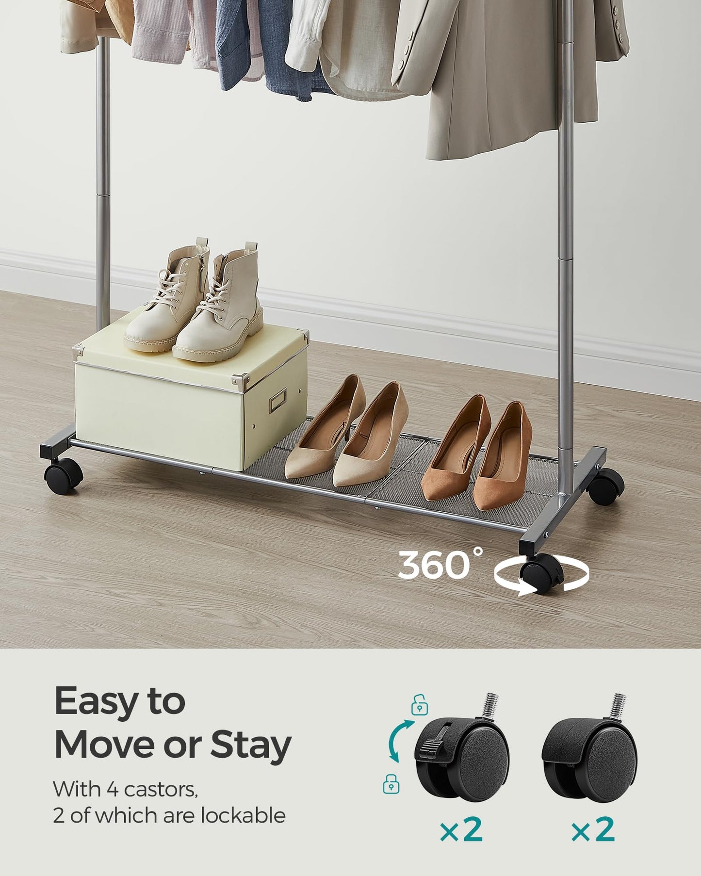 SONGMICS Clothes Rack with Wheels, Clothing Rack for Hanging Clothes, 25.4 mm Metal Garment Rack with Dense Mesh Storage Shelf, 110 lb Load Capacity, 2 Brakes, Black UHSR25BK