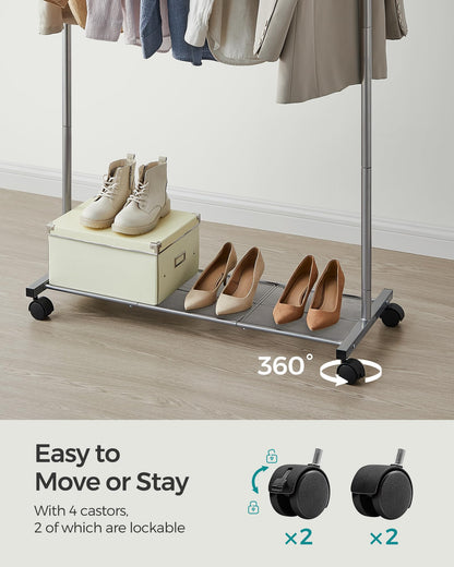 SONGMICS Clothes Rack with Wheels, Clothing Rack for Hanging Clothes, 25.4 mm Metal Garment Rack with Dense Mesh Storage Shelf, 110 lb Load Capacity, 2 Brakes, Black UHSR25BK