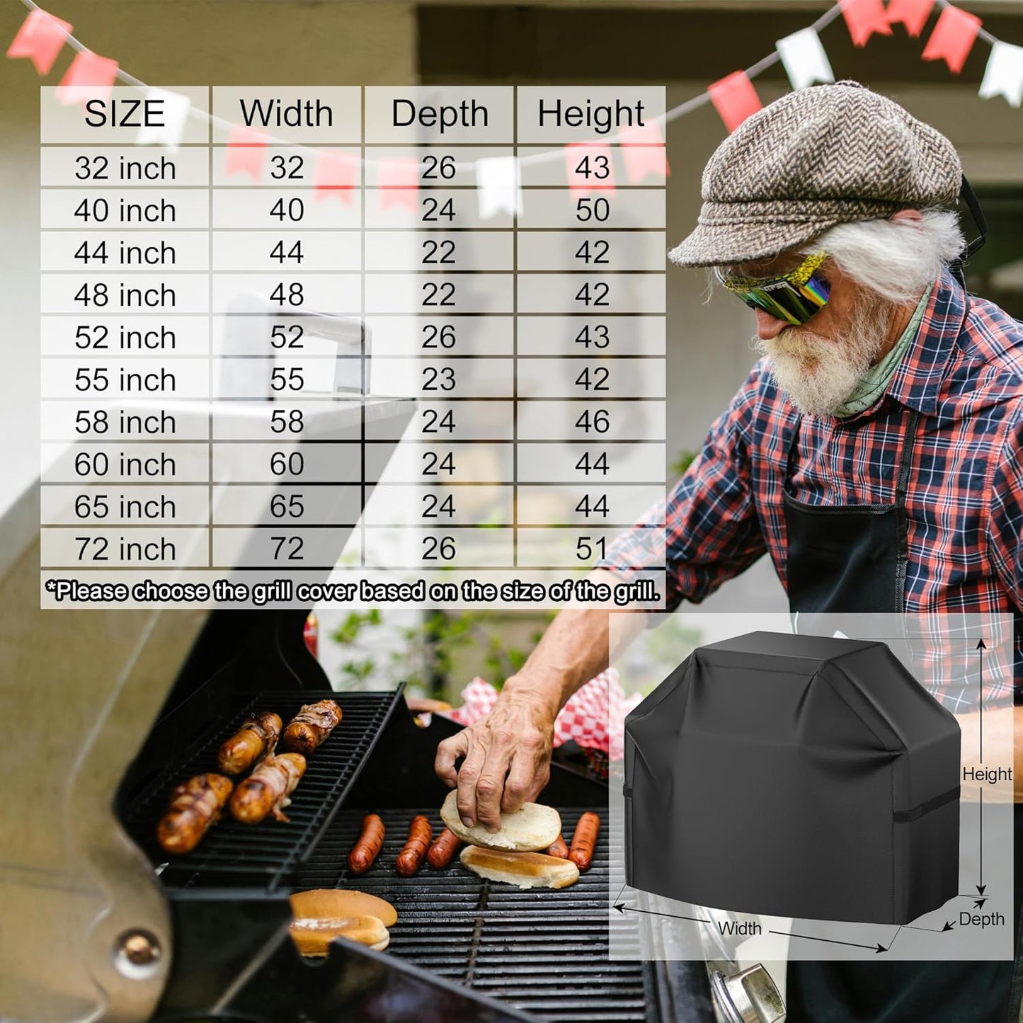 Grillabdeckung, 58 Zoll BBQ Gasgrill Abdeckung für Outdoor-Grills, Wasserdicht, UV-Schutz, Reißfest, Farbecht, Grillabdeckung mit Klettverschlussgurten und verstellbarem Saumzugband, Schwarz