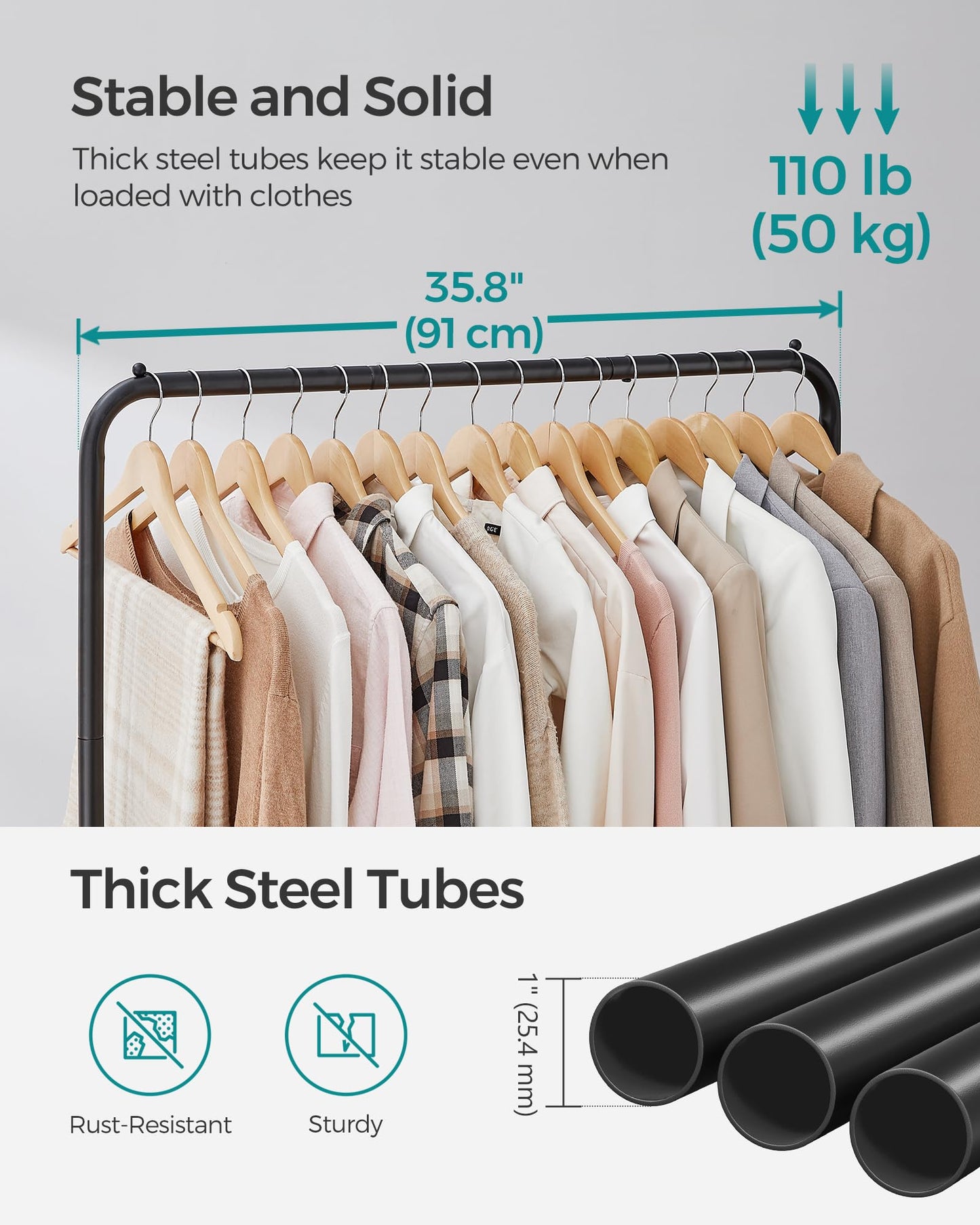 SONGMICS Clothes Rack with Wheels, Clothing Rack for Hanging Clothes, 25.4 mm Metal Garment Rack with Dense Mesh Storage Shelf, 110 lb Load Capacity, 2 Brakes, Black UHSR25BK