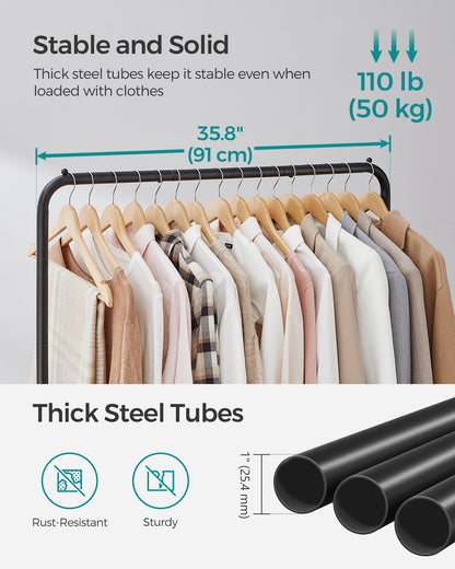 SONGMICS Clothes Rack with Wheels, Clothing Rack for Hanging Clothes, 25.4 mm Metal Garment Rack with Dense Mesh Storage Shelf, 110 lb Load Capacity, 2 Brakes, Black UHSR25BK