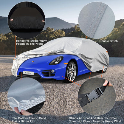 Kayme 6 Lagen Autoabdeckung, maßgeschneidert für Ford Mustang/Shelby (1964-2025), wasserdicht, für jedes Wetter, für Automobile, Outdoor, Vollschutz vor Regen, Sonne, UV-Strahlung. Silber