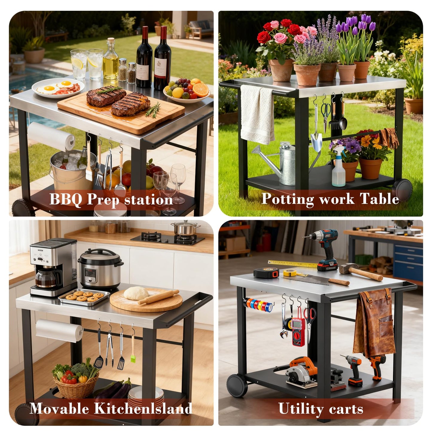 Pizza Oven Table Grill Cart with Topping Station, Grill Table Stand with Wheels for Ninja, Blackstone Griddle, Ooni, Gozney, Cuisinart, Heavy Duty BBQ Prep Cart with Storage Shelf and Hooks