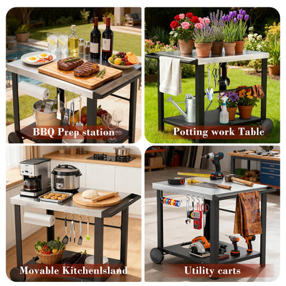 Pizza Oven Table Grill Cart with Topping Station, Grill Table Stand with Wheels for Ninja, Blackstone Griddle, Ooni, Gozney, Cuisinart, Heavy Duty BBQ Prep Cart with Storage Shelf and Hooks