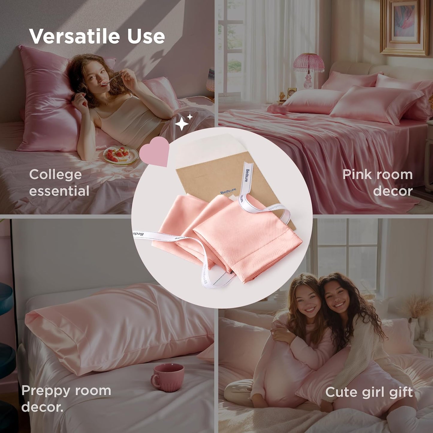 Bedsure Satin-Kissenbezug, Queen-Size, 2er-Pack, Seidenkissenbezügen ähnlich, seidige Kissenhüllen mit Hotelverschluss, Raumdeko, Valentinsgeschenke für Frauen und Männer, Grau, 50x75 cm
