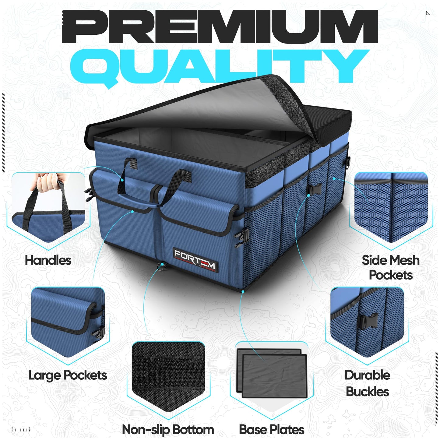 FORTEM Car Trunk Organizer, Collapsible Multi Compartment Car Organizer, Foldable SUV Storage for Car Accessories for Women Men, Non Slip Bottom, Securing Straps, Soft Cover 50L (Black, Standard)