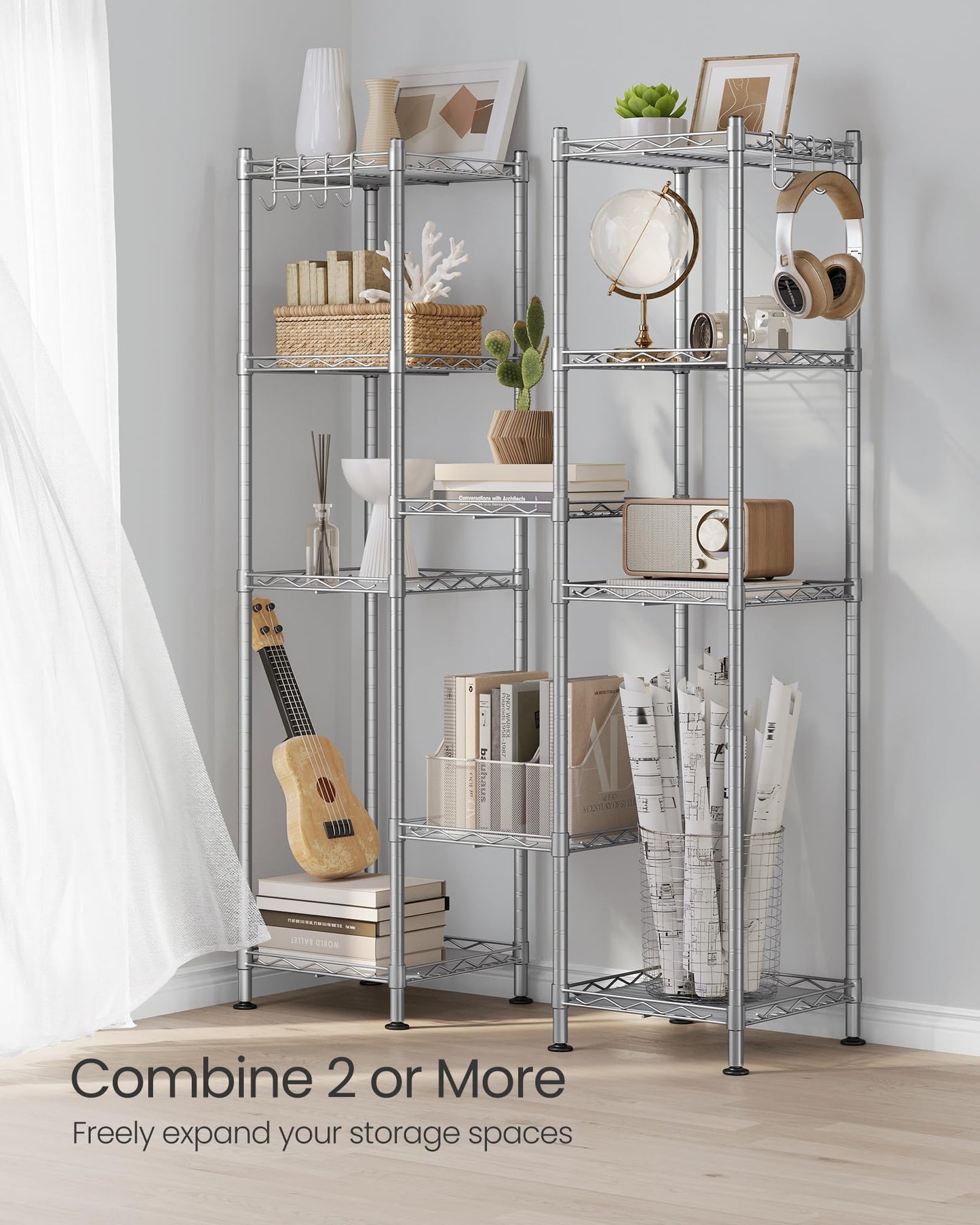 SONGMICS Storage Shelf, Small Metal Wire Shelving Unit, Adjustable Shelves, for Small Spaces, Garage, Bedroom, Living Room, Kitchen, Pantry, 5 Tier, 11.8 x 11.8 x 47.6 Inches, Ink Black ULGR123BH01