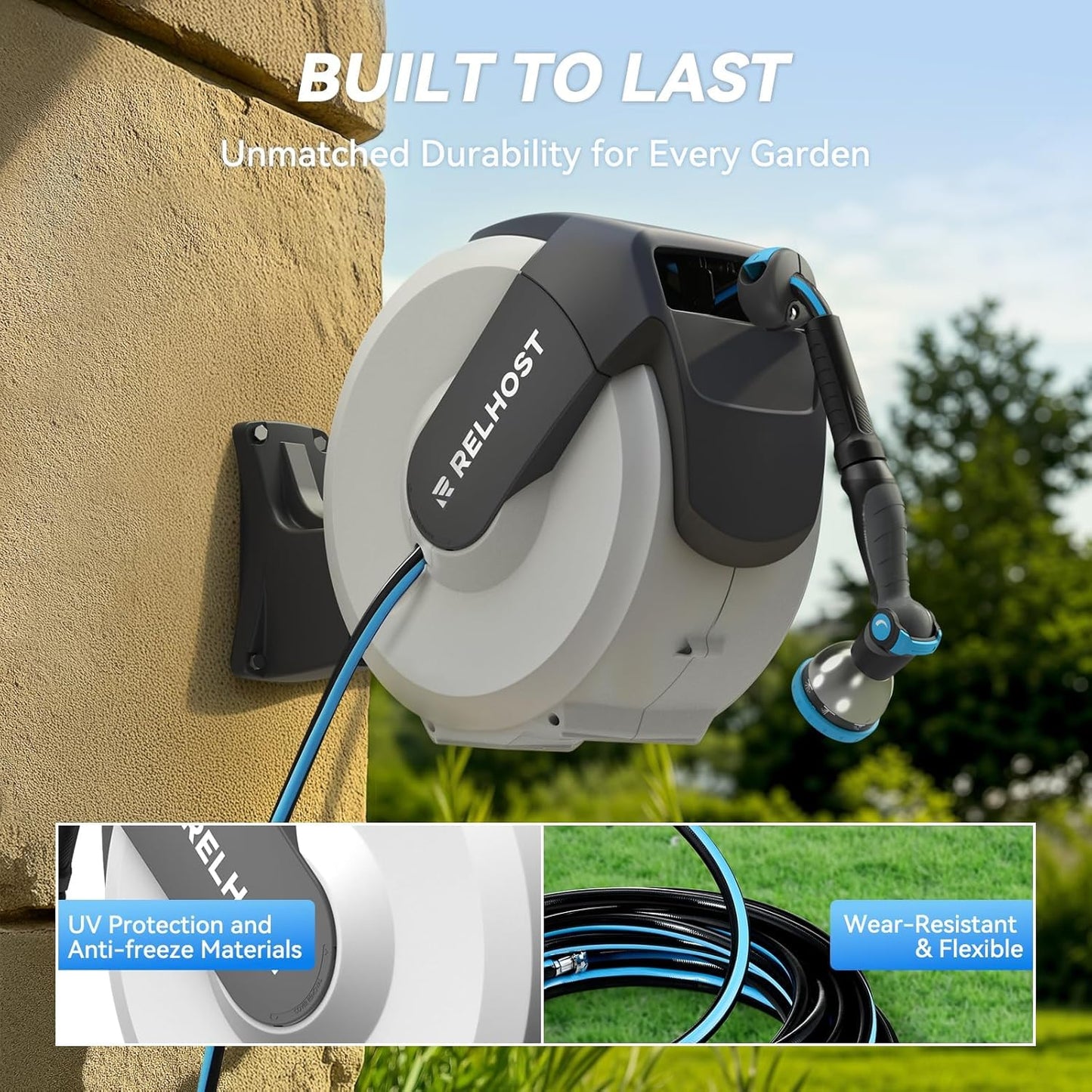Relhost Retractable Garden Hose Reel, 1/2 in x 120 ft Wall Mount Heavy Duty Hose Reel with Any-Length Lock, Auto Rewind System, 180° Swivel Bracket, and 10-Pattern Nozzle for Garden, Dark Grey