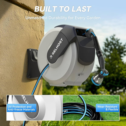 Relhost Retractable Garden Hose Reel, 1/2 in x 120 ft Wall Mount Heavy Duty Hose Reel with Any-Length Lock, Auto Rewind System, 180° Swivel Bracket, and 10-Pattern Nozzle for Garden, Dark Grey