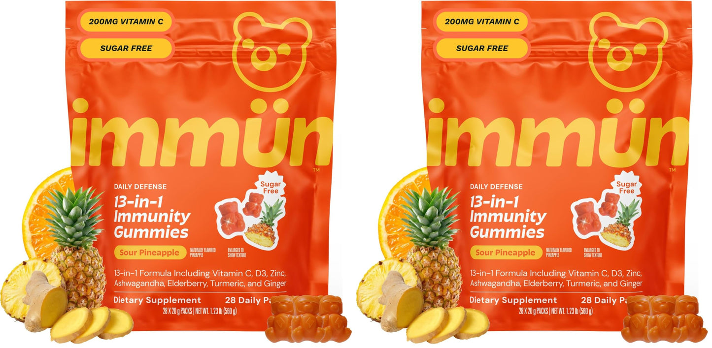 Grüns 3 x 28 Pack Immun Sugar Free Immunity Gummies with Vitamin C, Zinc, MCT Oil, & Turmeric - Daily Immune Support Supplement for Adults - Sour Pineapple Flavor (28 Count) (Pack of 3)