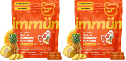 Grüns 3 x 28 Pack Immun Sugar Free Immunity Gummies with Vitamin C, Zinc, MCT Oil, & Turmeric - Daily Immune Support Supplement for Adults - Sour Pineapple Flavor (28 Count) (Pack of 3)