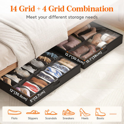 Lifewit Under Bed Shoe Storage Organizer 2 Pack(12 Shoes Cells), 4.3 Inches Profile Fabric Shoes Container Box with Clear Cover, Foldable Storage Bag with 2 Handles, Fits 12 to 24 Pairs