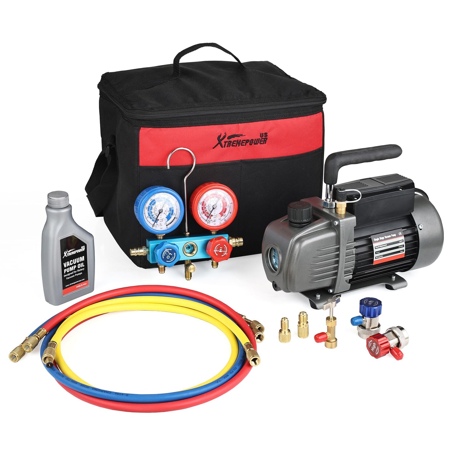 XtremepowerUS 3CFM 1/4HP Vacuum Pump HVAC R134a, R12, R22, R410a, A/C Refrigeration R134 Can Tap Adapter, R134 Quick Connector AC Manifold Gauge Air Conditioner Oil Bottle w/Bag