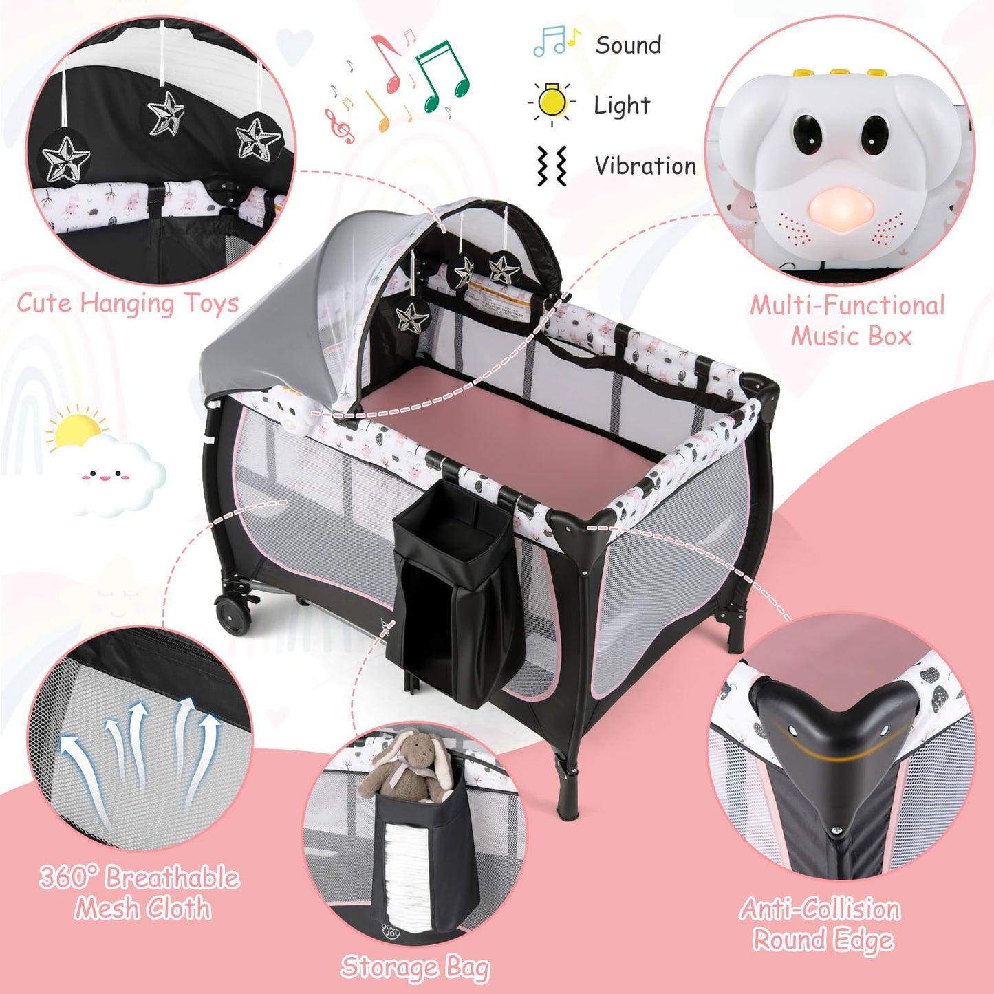 BABY JOY 4 in 1 Pack and Play with Canopy, Portable Baby Playard with Bassinet, Double-Layer Baby Crib, Wheels & Brake, Foldable Baby Girl Pink Bassinet from Newborn to Toddler