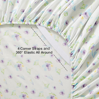 Floral Sheets Queen Printed Bed Sheets Queen Size - 4 Piece Soft Microfiber Blue Dandelion Patterned Fitted Sheets with 15" Deep Pocket