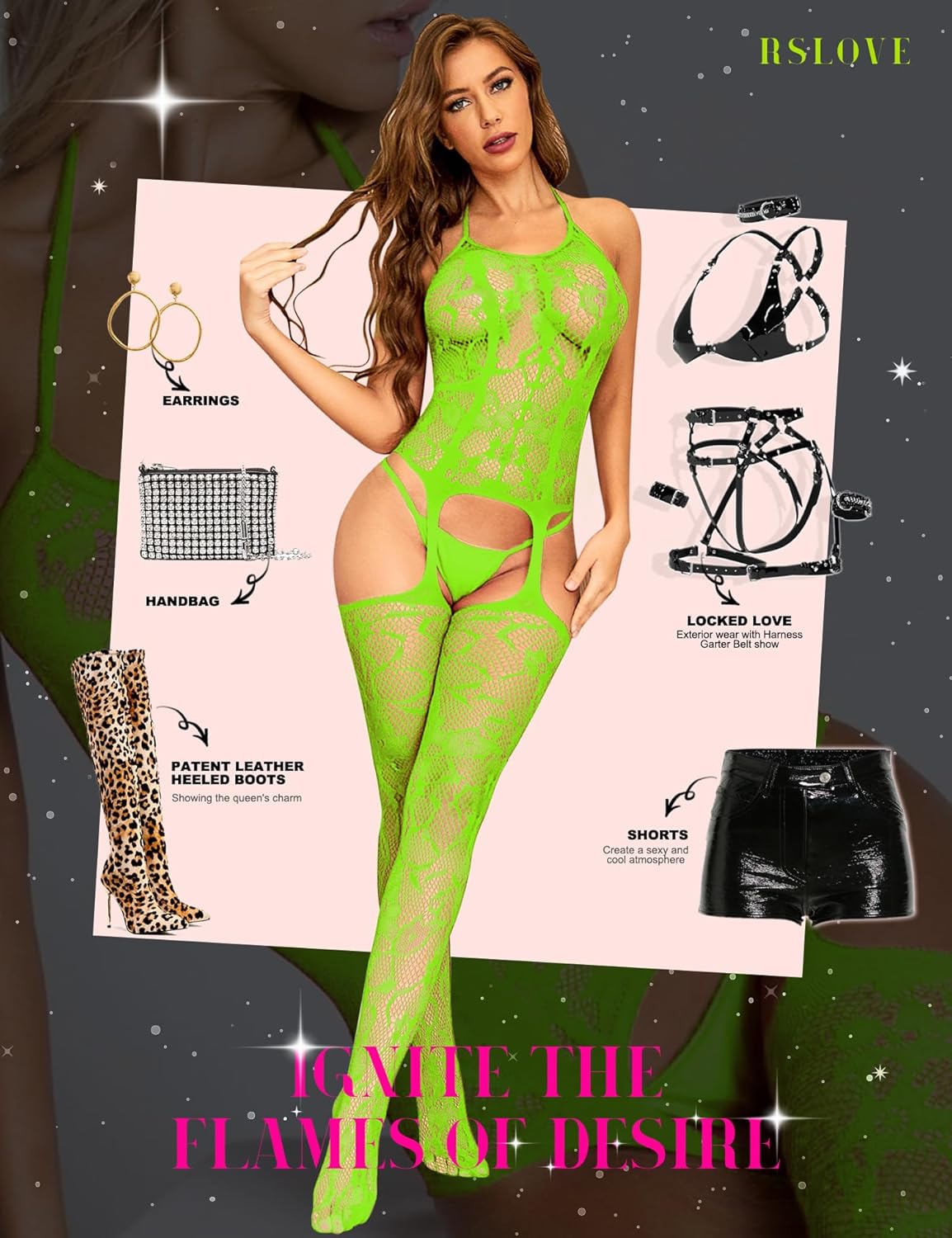 RSLOVE Damen Netz Bodystocking mit befestigten Strümpfen, sexy Dessous, offenem Schritt Body, Einteiler Babydoll, Einheitsgröße