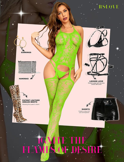 RSLOVE Damen Netz Bodystocking mit befestigten Strümpfen, sexy Dessous, offenem Schritt Body, Einteiler Babydoll, Einheitsgröße
