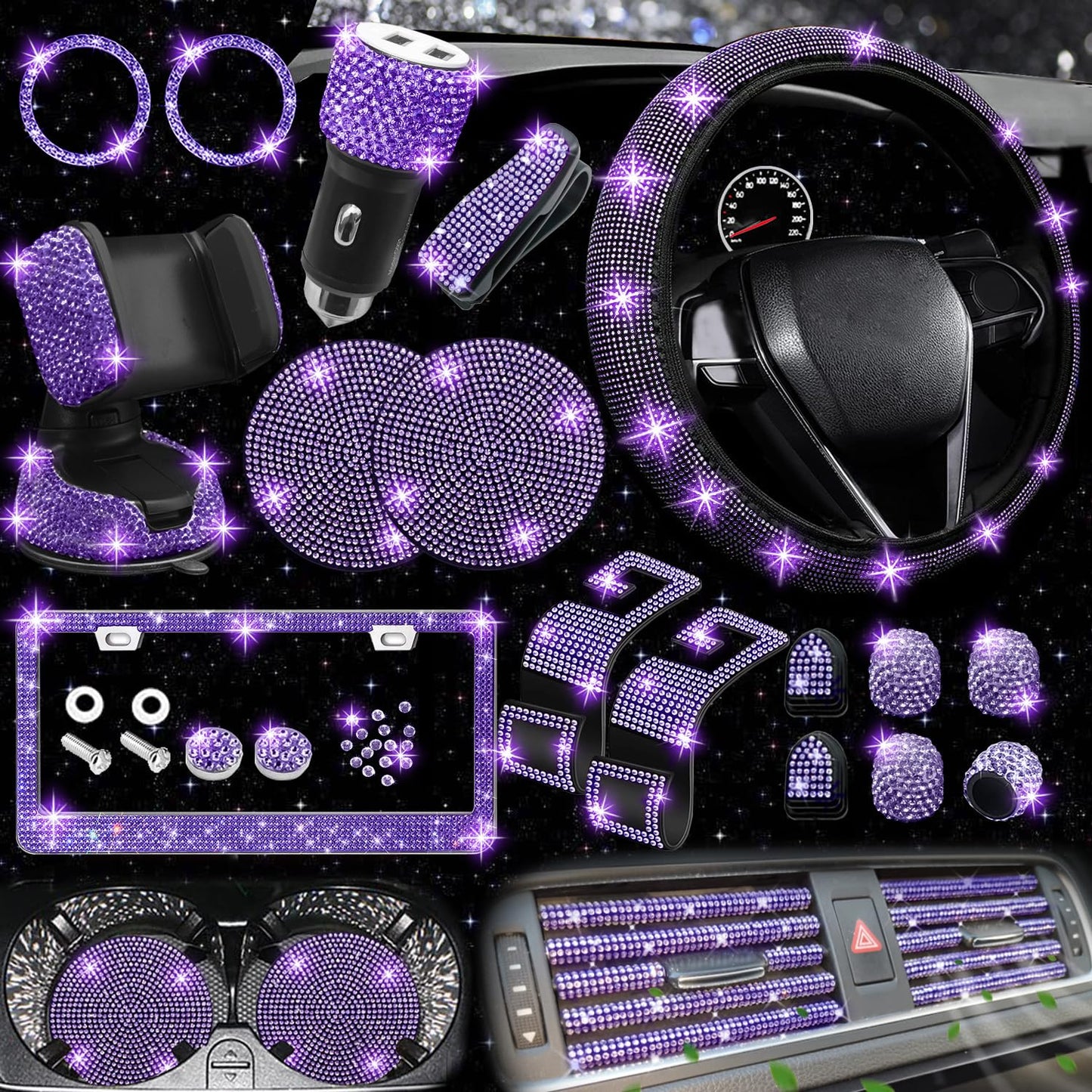 NBTEPEM 27-Piece Bling Car Accessories Set - Universal Fit Steering Wheel Covers, License Plate Frames, Phone Holder, Car Fast Charger, Coasters (Pink)