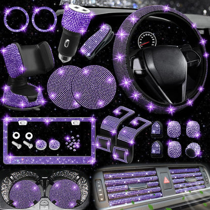 NBTEPEM 27-Piece Bling Car Accessories Set - Universal Fit Steering Wheel Covers, License Plate Frames, Phone Holder, Car Fast Charger, Coasters (Pink)