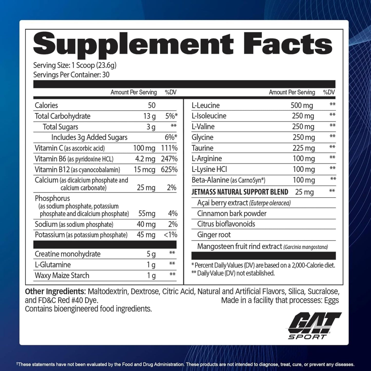 GAT Sport Jet Mass 30 Serve Creatine System, Tropical Ice, 25.4 Oz.