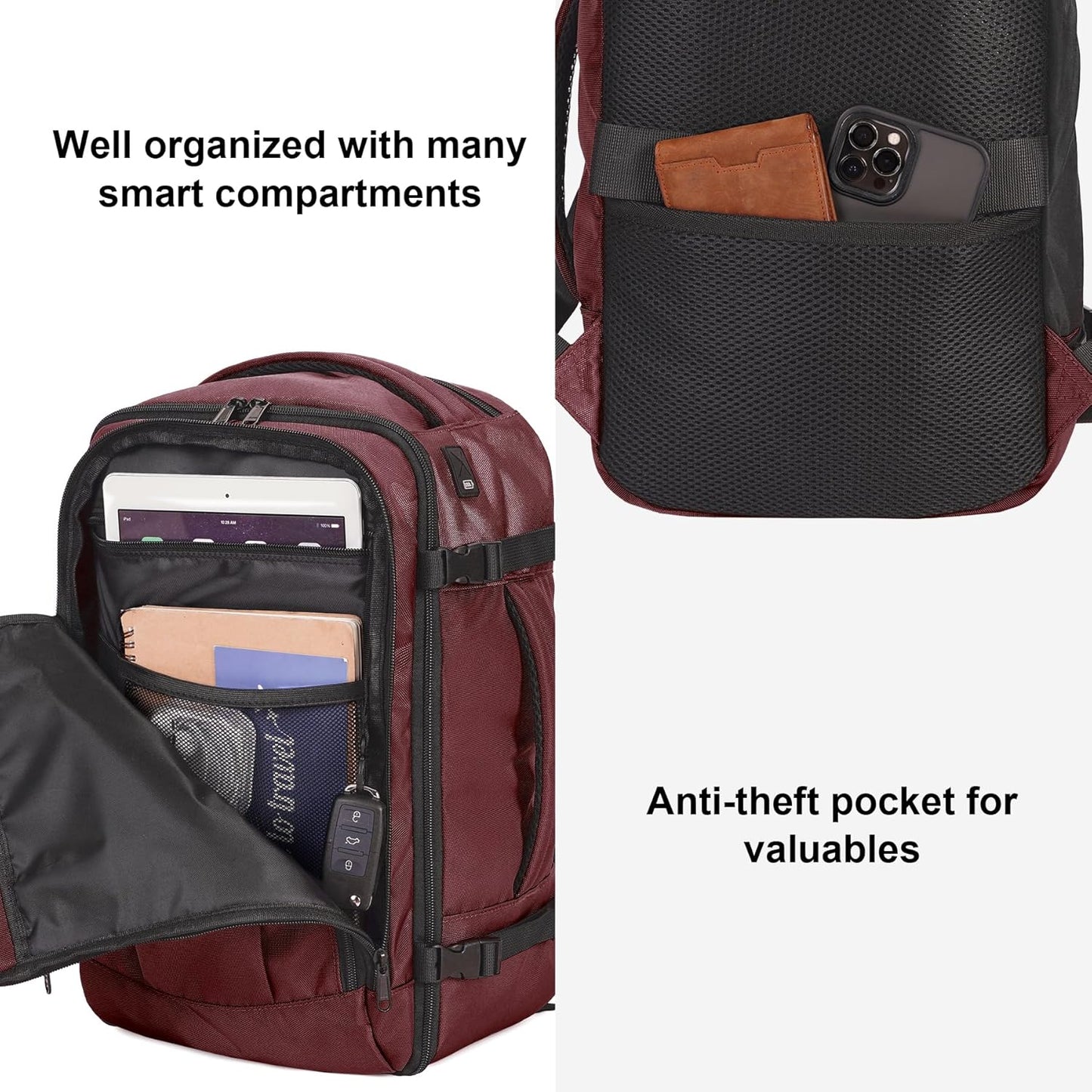 ECOHUB 16'' Reise-Rucksack Handgepäck Unterseat-Rucksack Persönlicher Gegenstand Flugzeug-Reisetasche mit 13 Taschen Handgepäck Flaschenhalter USB-Ladeanschluss Casual Daypack für Frauen Männer Schwarz