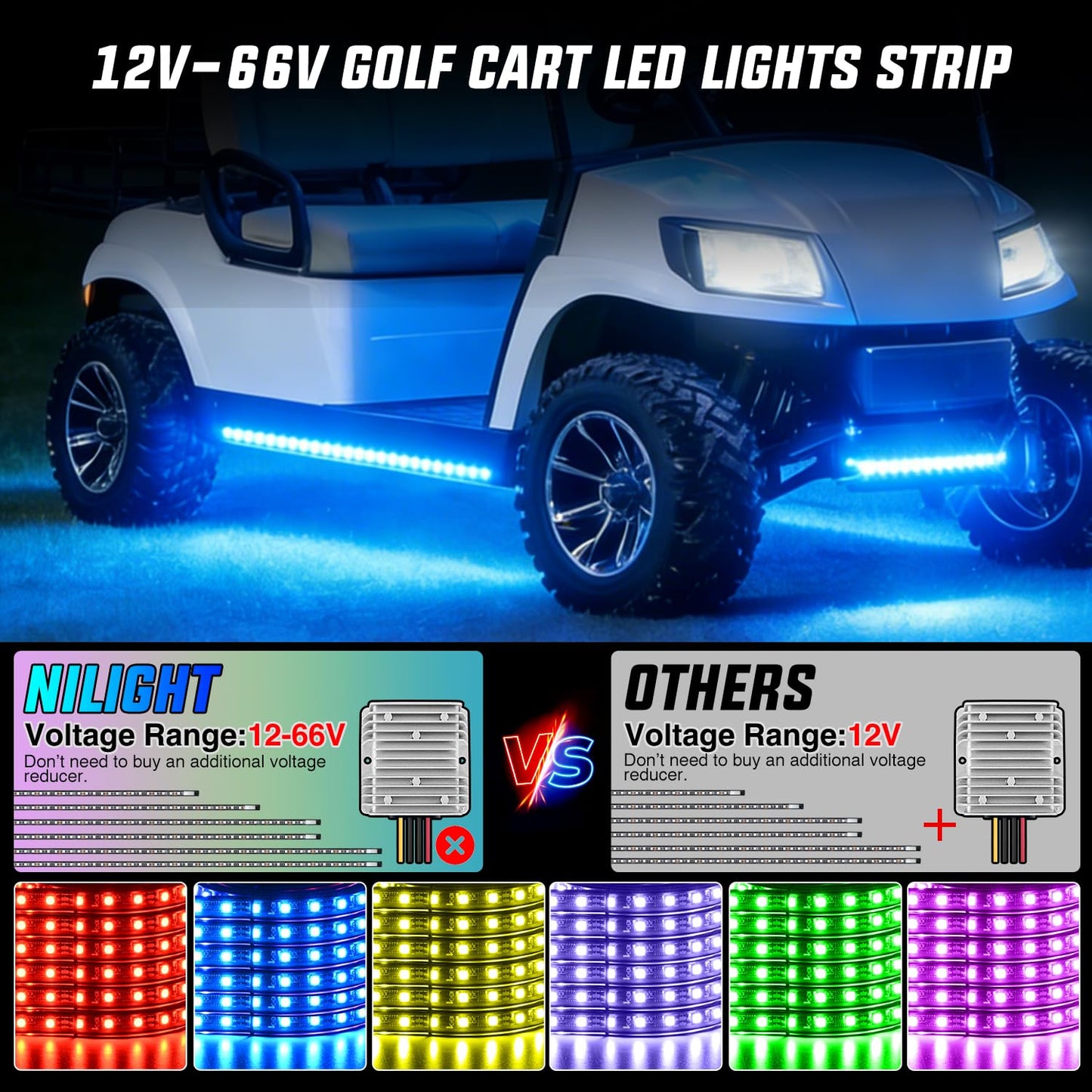 Nilight 6PCS Golf Cart Underbody Light Kit with Canopy Lights Dream Color Multi-Mode Neon Accent Lighting APP Remote Control Sound Active Music Sync IP67 Waterproof 12V-66V for EZGO Yamaha Club Car