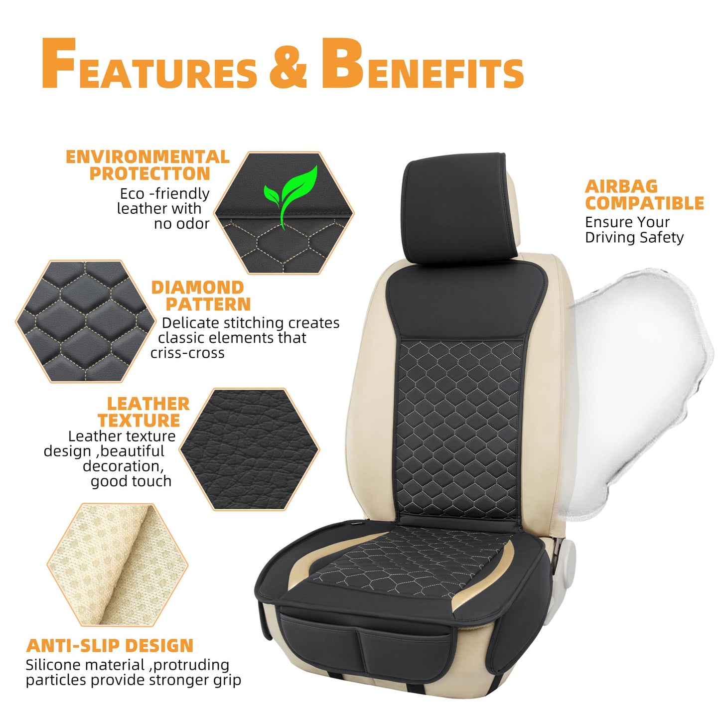 Elantrip 2PCs Front Car Seat Covers Leather Water Proof Seat Protector Universal fit for Most Cars SUVs and Trucks Black