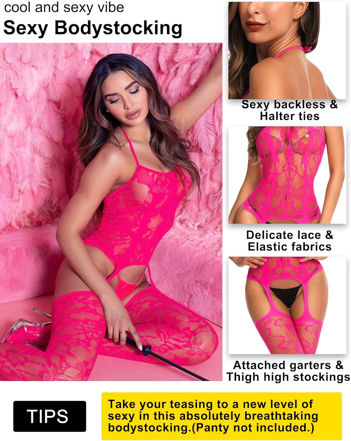 RSLOVE Damen Netz Bodystocking mit befestigten Strümpfen, sexy Dessous, offenem Schritt Body, Einteiler Babydoll, Einheitsgröße