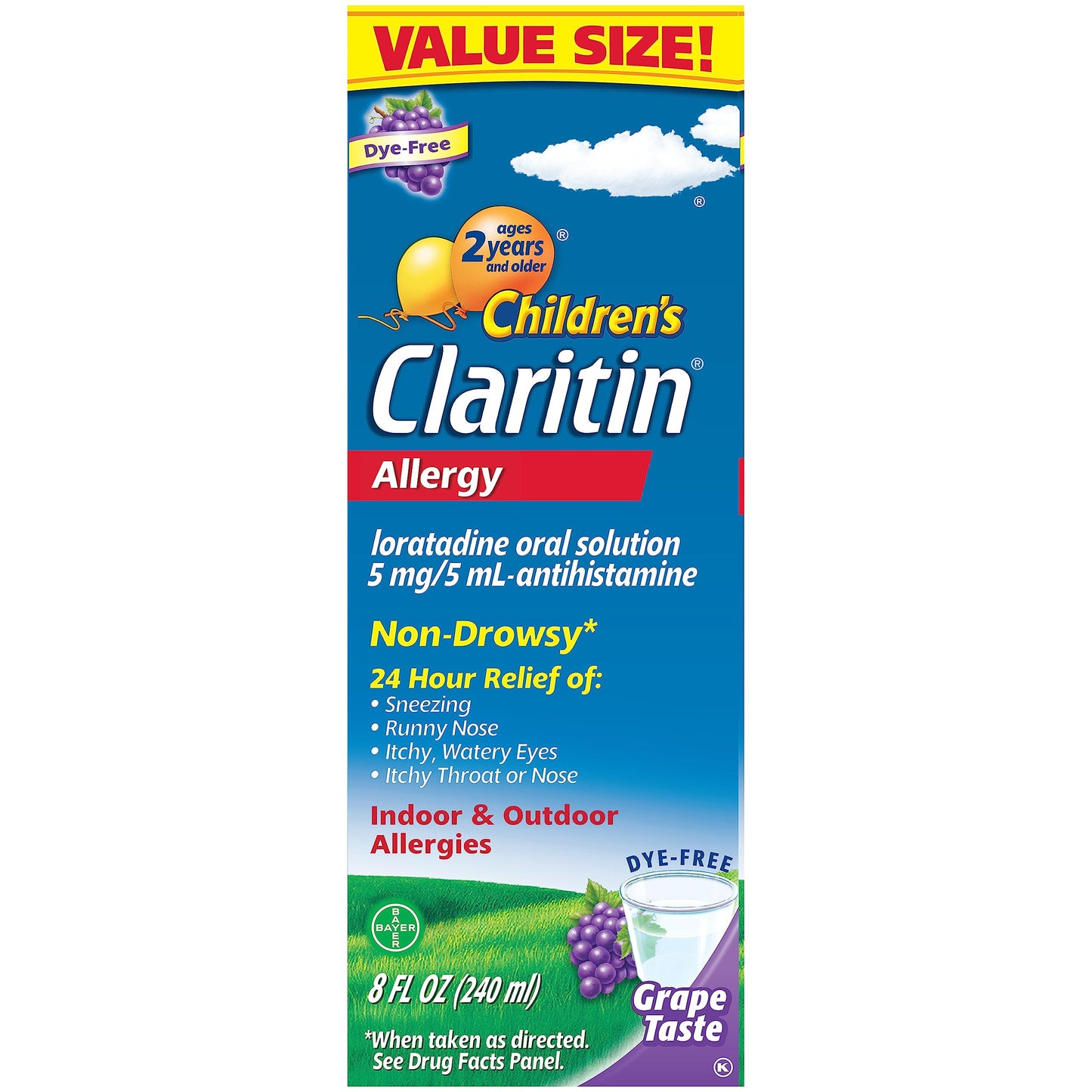 Claritin Children's Allergy Medicine,24-Hour Non-Drowsy Loratadine 5mg,Antihistamine Liquid for Kids Aged 2 Years and Older,Grape Flavored,8 fl oz.,(Pack of 2)