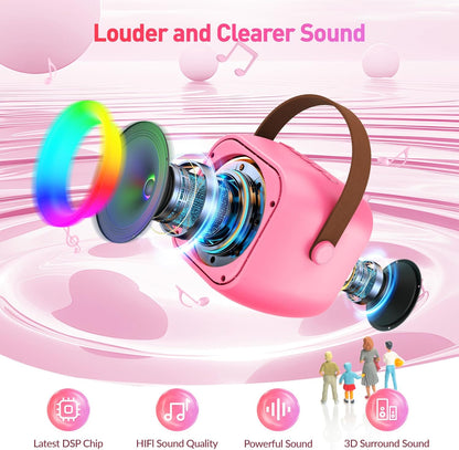 Mini Karaoke Machine for Kids Adults, Portable Bluetooth Speaker with 2 Wireless Microphone, Birthday Gifts for Girls Boys Ages 4, 5, 6, 7, 8, 9, 10, 12+ Years Old (Pinkcolor)