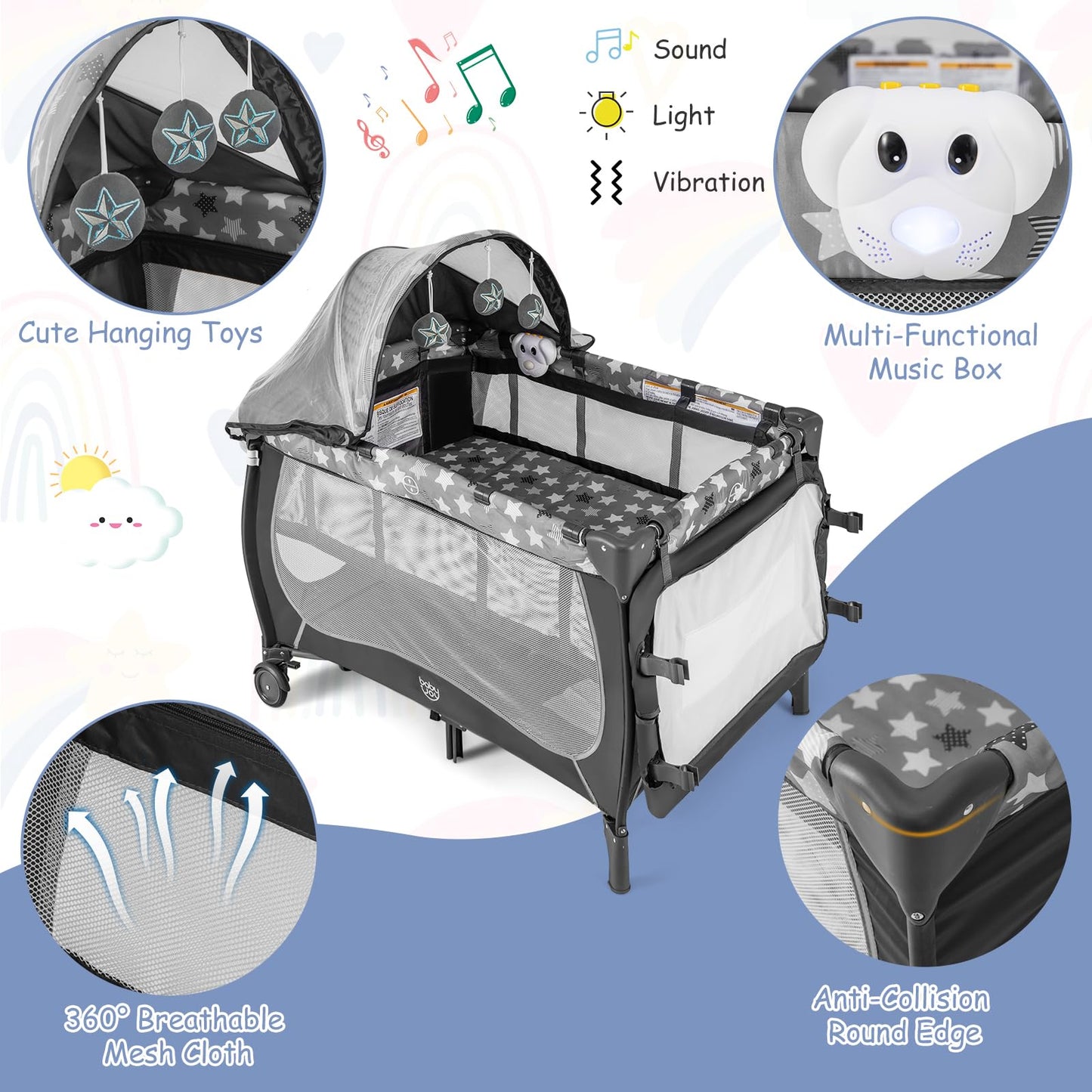 BABY JOY 4 in 1 Pack and Play with Canopy, Portable Baby Playard with Bassinet, Double-Layer Baby Crib, Wheels & Brake, Foldable Baby Girl Pink Bassinet from Newborn to Toddler