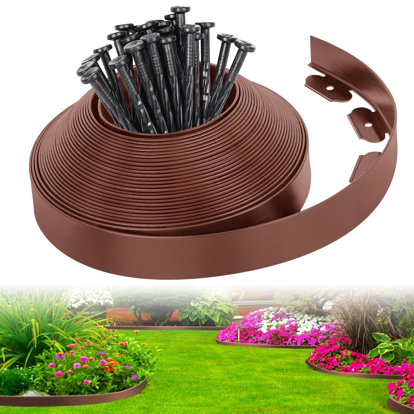 2-Inch x 66 FT Landscape Edging Border with 100 Spikes, No Dig Garden Border Edging Kit, Plastic Edging Border Flexible for Garden Flower Beds Lawn Yard Paver Pathway (Black)
