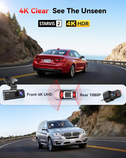 REDTIGER 4K Dashcam vorne und hinten mit STARVIS 2, 5,8 GHz Wi-Fi Dash Kamera für Autos, 128 GB Karte enthalten, GPS, 3,18 Zoll IPS-Bildschirm, Nachtsicht, 170° Weitwinkel, WDR, 24H Parkmodus (F7NP)