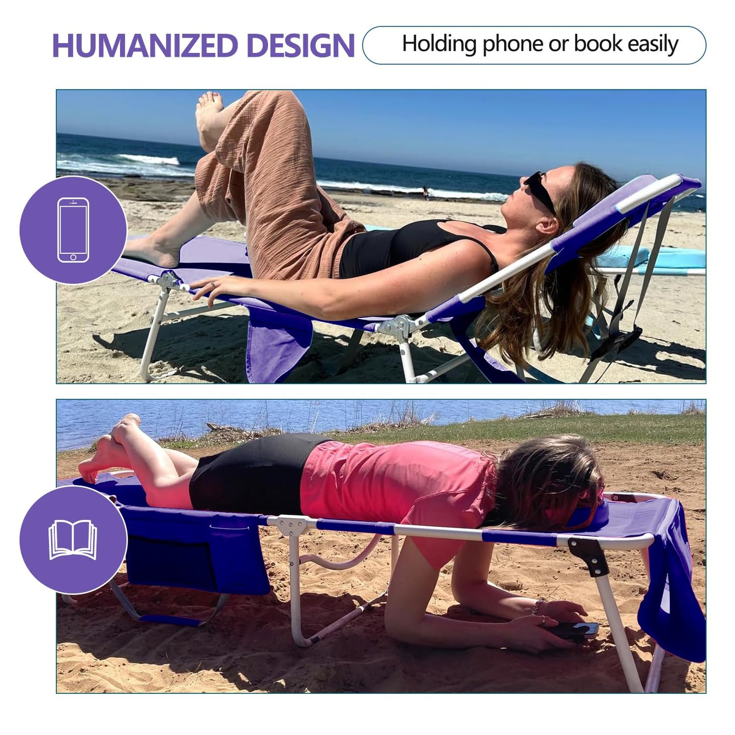 Tanning Chair with Face Hole, Adjustable Folding Chaise Lounge Chairs for Outside with Detachable Pillow & Pocket，Portable flat beach chairs for sunbathing, beach lawns camping (Purple, Standard)