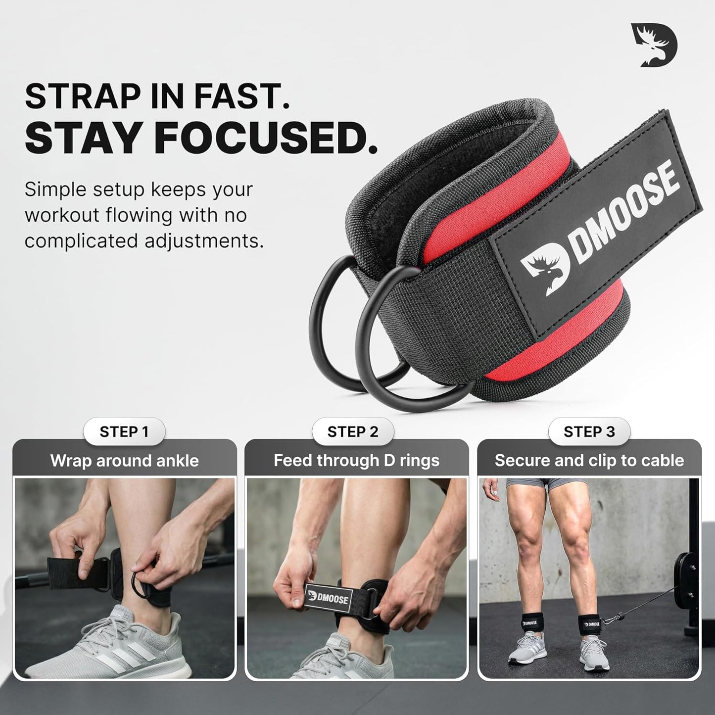 DMoose Ankle Strap for Cable Machine - One Size Fit with Premium Padding, Workout Kickback Ankle Cuffs, Ankle Bands for Working Out, Booty Workouts, Leg Extension, Hip Abductors & Lower Body Exercises