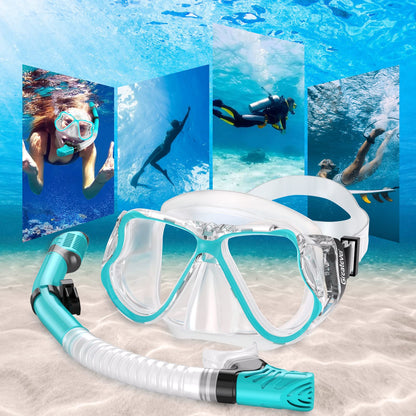 Greatever Dry Snorkel Set,Panoramic Wide View Anti-Fog Scuba Diving Mask,Professional Snorkeling Gear for Adults Kids