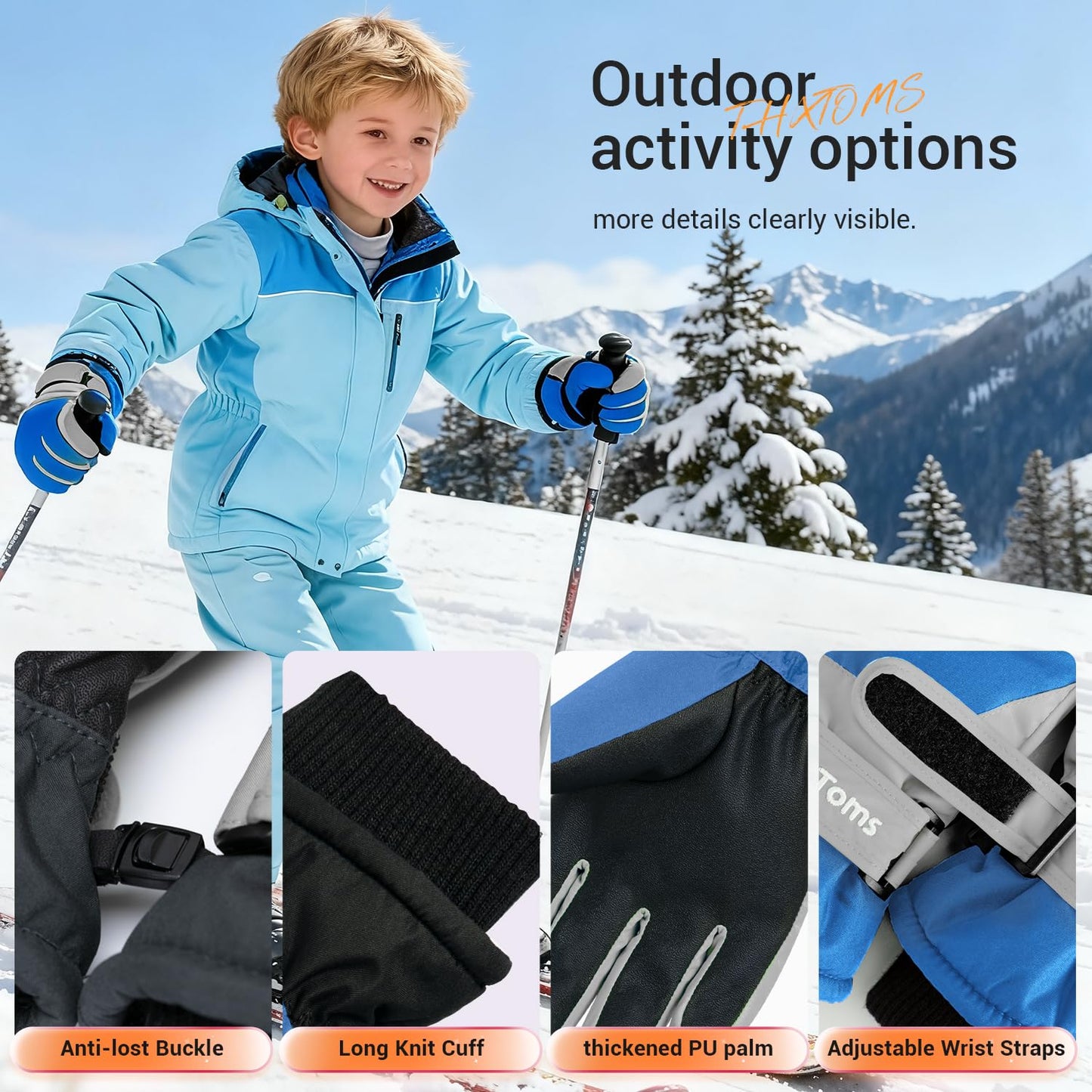 ThxToms Kinder Winterhandschuhe Wasserdichte Ski-Snowboardhandschuhe für Outdoor-Sportarten, Jungen und Mädchen Kaltwetter-Fahrradhandschuhe