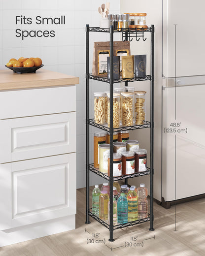 SONGMICS Storage Shelf, Small Metal Wire Shelving Unit, Adjustable Shelves, for Small Spaces, Garage, Bedroom, Living Room, Kitchen, Pantry, 5 Tier, 11.8 x 11.8 x 47.6 Inches, Ink Black ULGR123BH01