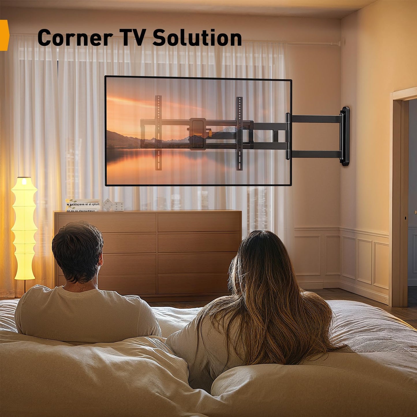 Perlegear Corner TV Wall Mount Long Arm TV Mount Bracket for 37-75 Inch TVs-Full Motion Wall Mount with 32.37” Extension & Swivel Articulating Arm & Tilt, MAX VESA 600x400mm, Holds up to 100 lbs