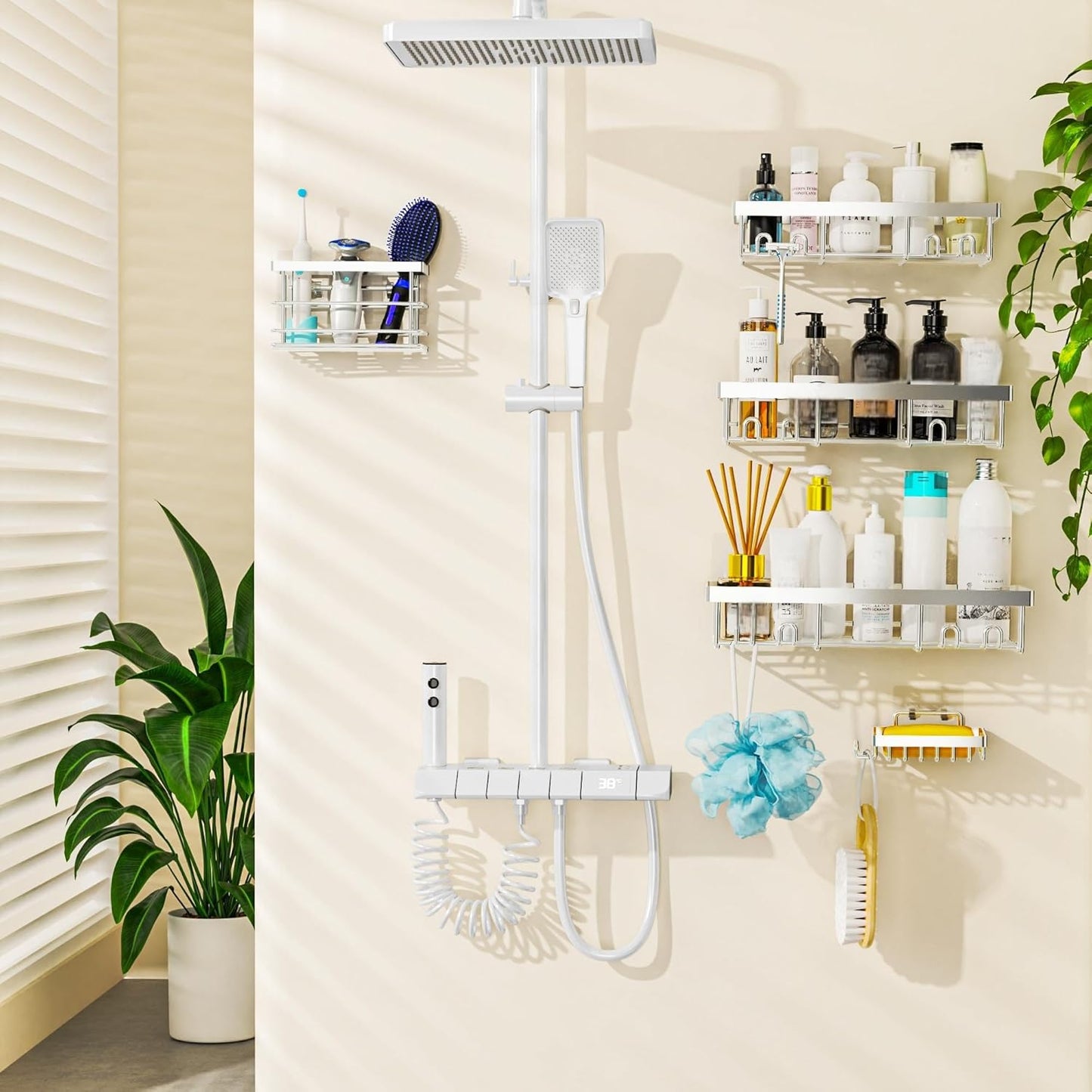 Moforoco Shower Caddy Shelf Organizer Rack, Self Adhesive Black Bathroom Shelves Basket, Home Farmhouse Wall Shower Inside Organization and Storage Decor Rv Accessories, First Apartment Essentials