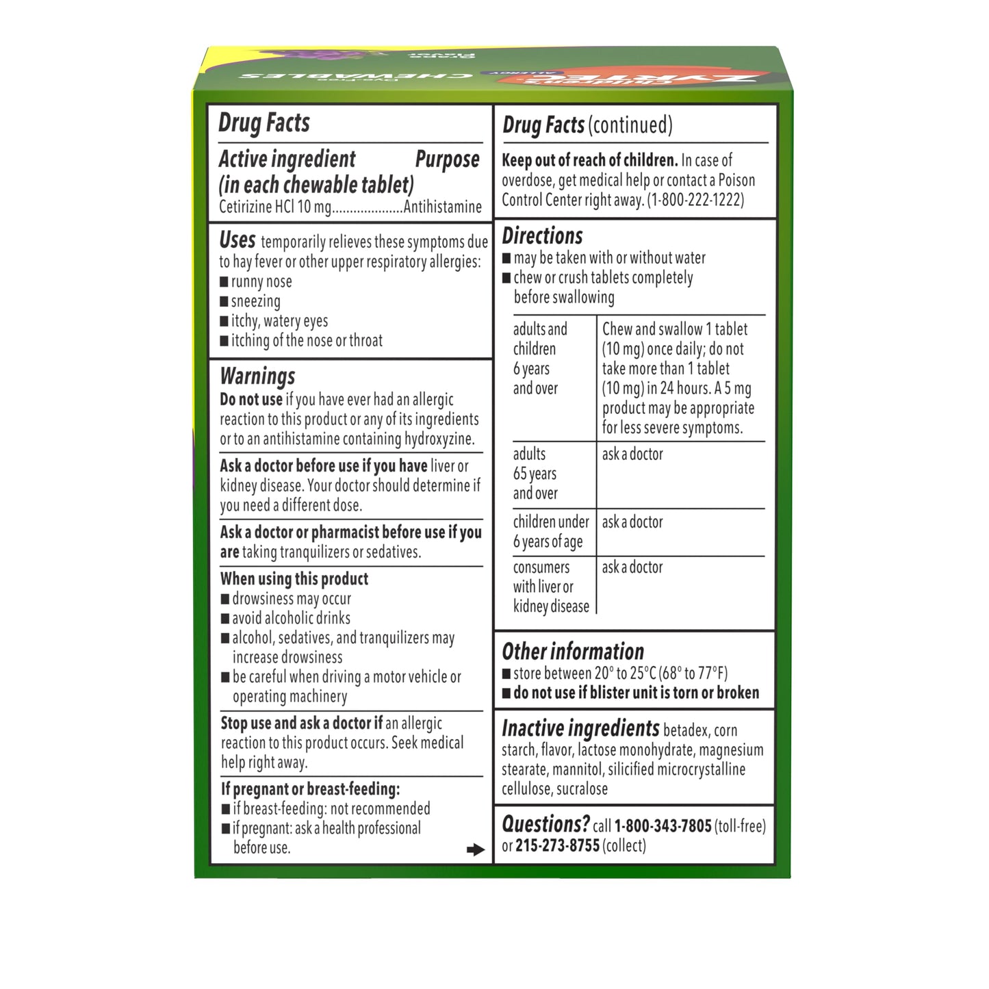 Zyrtec Children's Dye-Free Chewables for 24 Hour Allergy Relief, 10 mg Cetirizine Hydrochloride Antihistamine Tablets, Kids Allergy Medicine Relieves Sneezing & Itchy Throat, Grape, 48 ct(Pack of 2)
