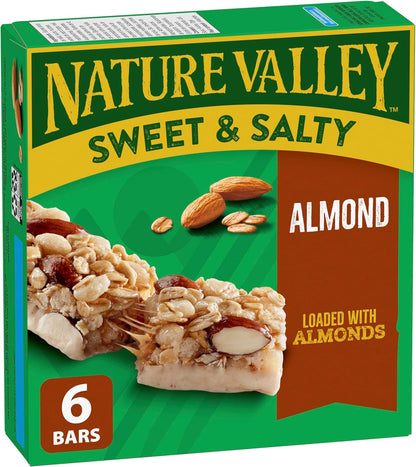 NATURE VALLEY Almond Sweet and Salty Granola Bars, No Artificial Flavours, No Artificial Colours, Made with Whole Grain Oats, Pack of 6 Bars, Loaded with Almonds, Dipped in Almond Butter Coating