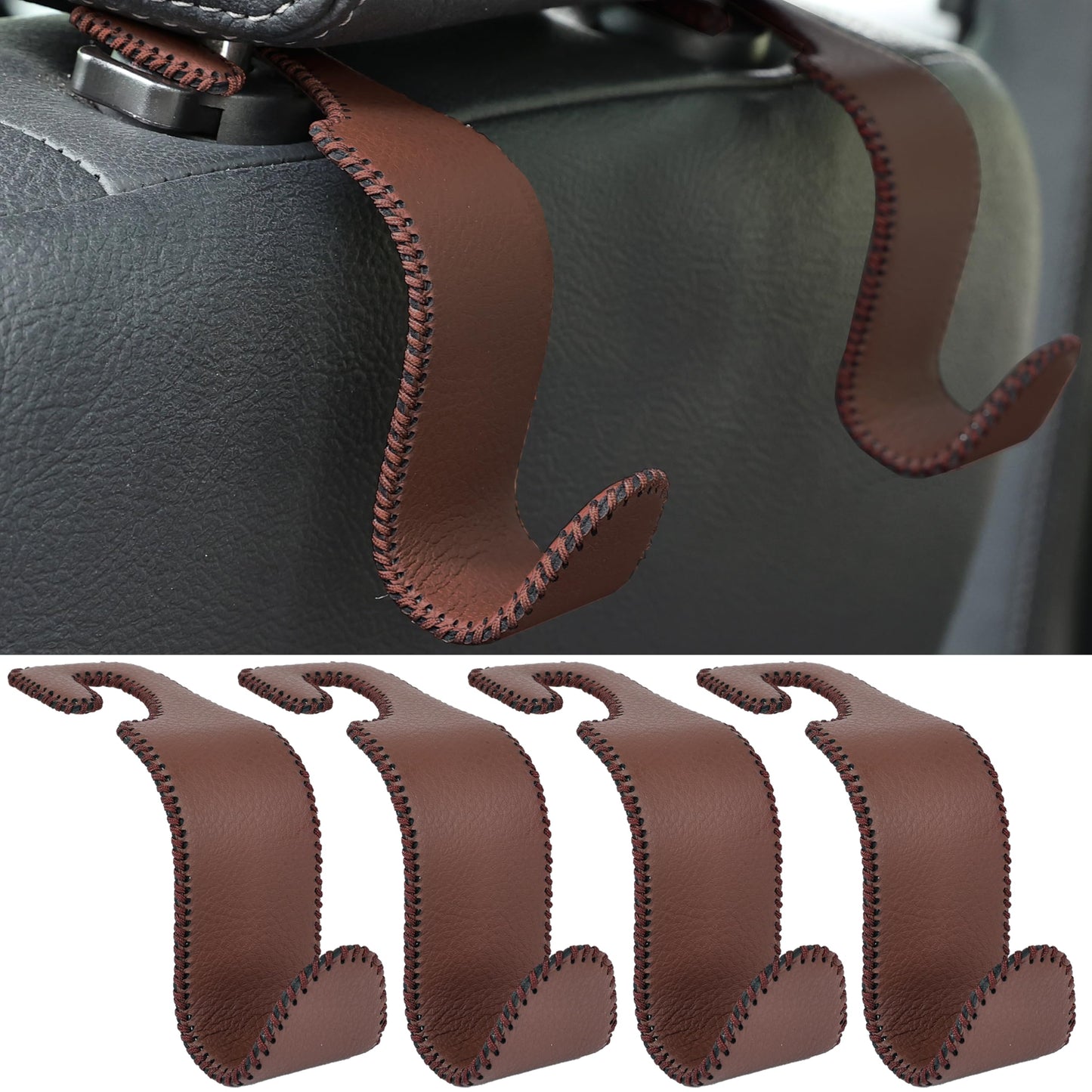 Amooca 4-Pack Car Headrest Hooks Vehicle Storage Organizer for Purses Handbags Groceries Backpack Coats –Holds 55lbs 360° Rotating Black